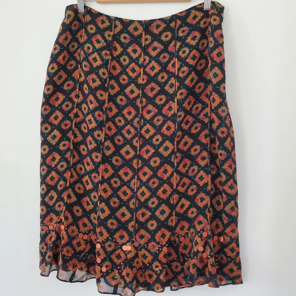 100% Silk Black Rust Print Skirt 12 Copper Sequins Ruffle Hem JONES NEW YORK EUC